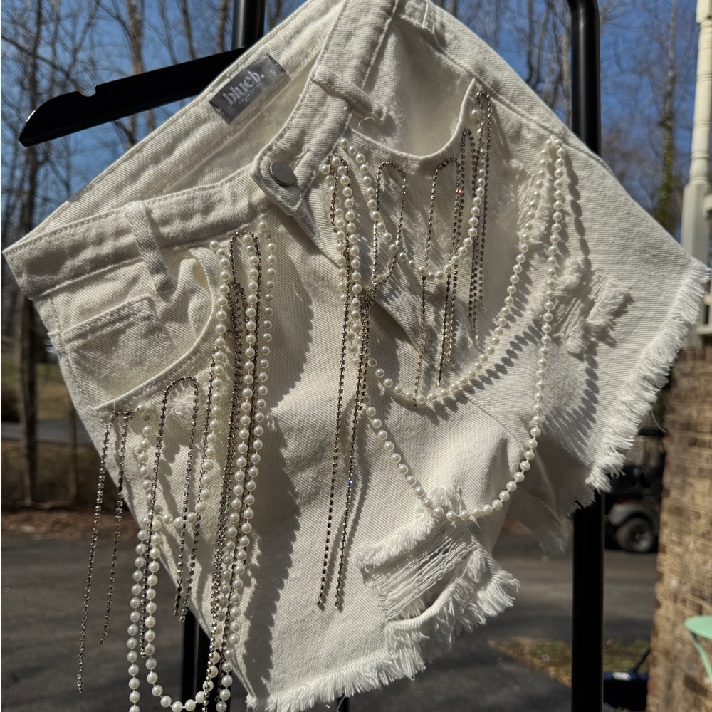 White Pearl & Chain Fringe Denim Shorts — Juicy Couture